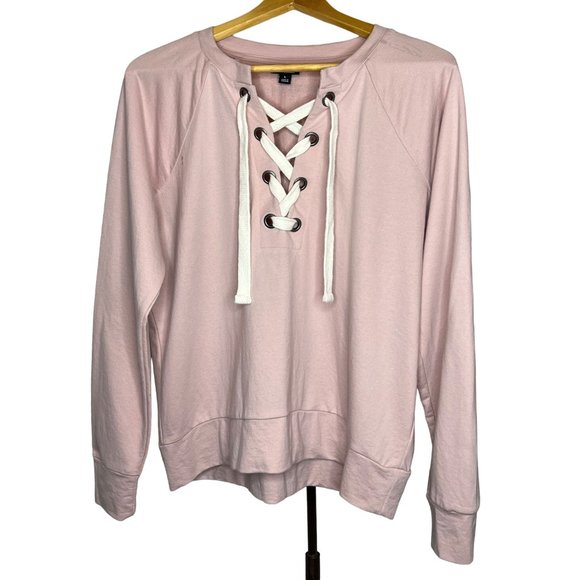 A.N.A. A new approach lace up front knit pink sweatshirt hi-lo long sleeve V-nec - Picture 1 of 8